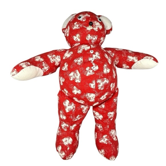 VINTAGE HANDMADE TEDDY BEAR RED WHITE HEART PRINT VALENTINE LOVEY COLLECTIBLE - Picture 2 of 10